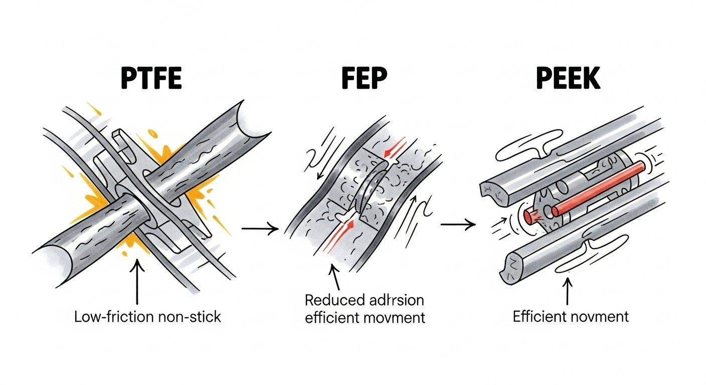 Low-Friction & Non-Stick Polymers (PTFE, FEP, PEEK) for Motion Systems